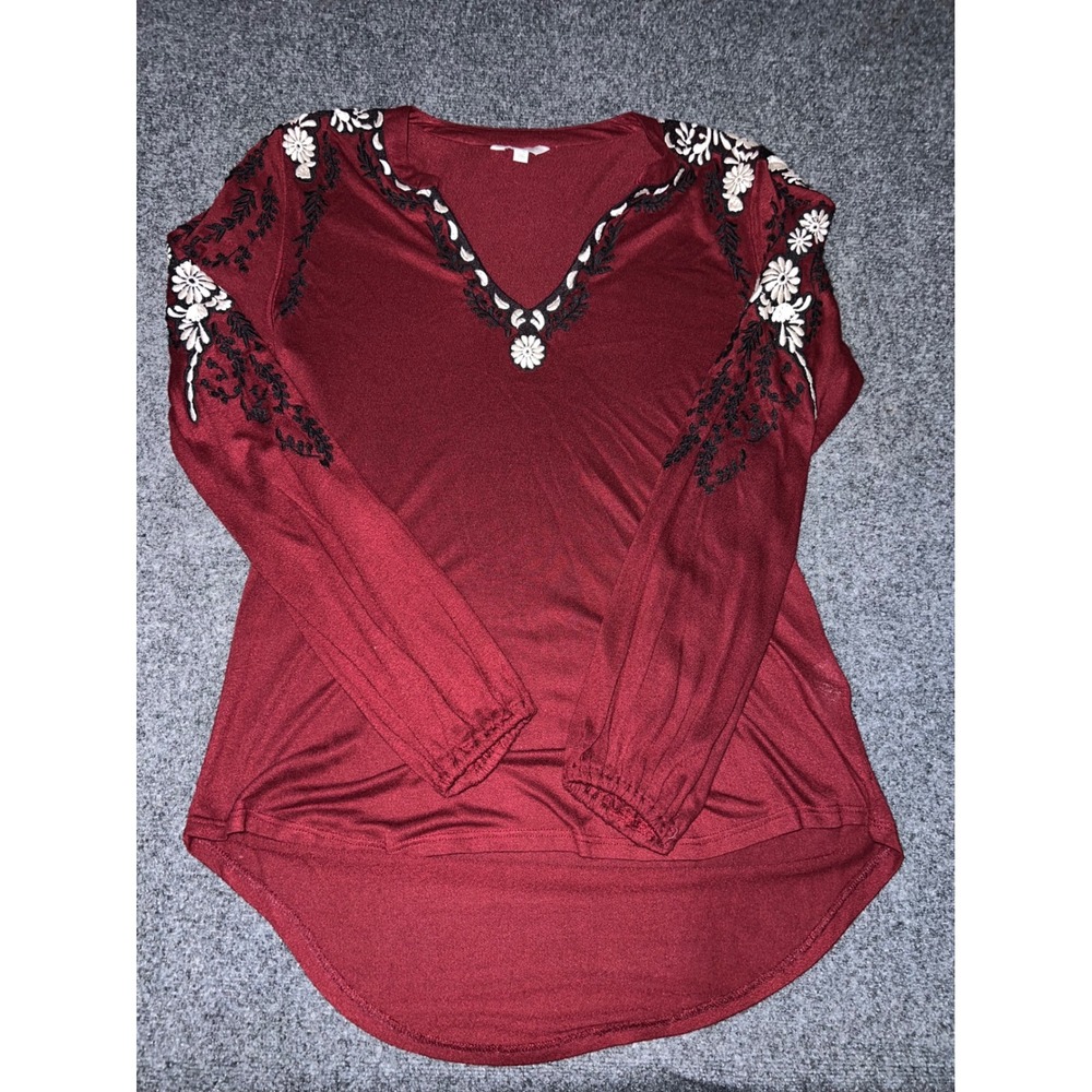 Lucky Brand Womens XS Burgundy Embroidered Long Sleeve V-Neck Boho Top